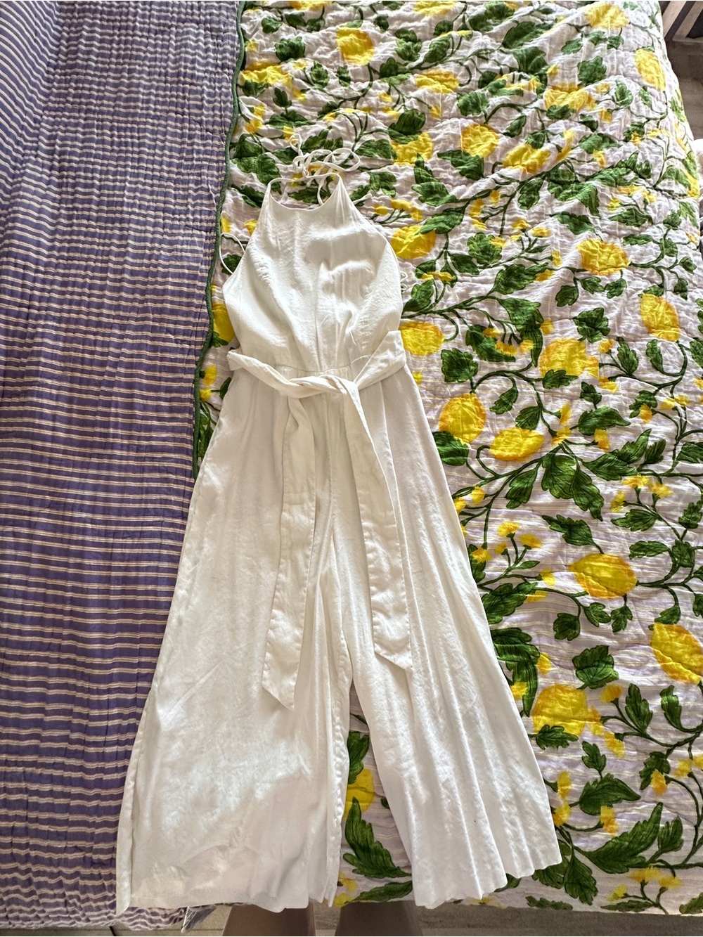 Alice + Olivia White Halter Wide-Leg Jumpsuit with Waist Tie
